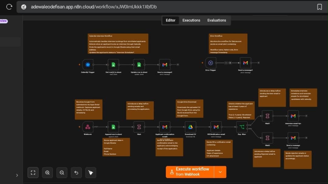 Real n8n hiring automation: form webhook, applicant record and confirmation email, CV download and screening, HR notification, and Calendly interview scheduling